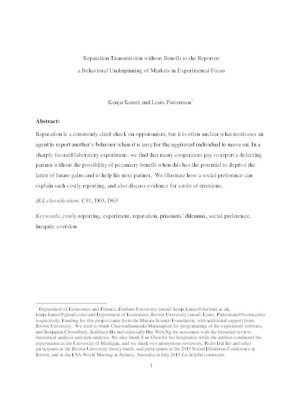 Reputation Transmission without Benefit to the Reporter: a Behavioral Underpinning of Markets in Experimental Focus Thumbnail