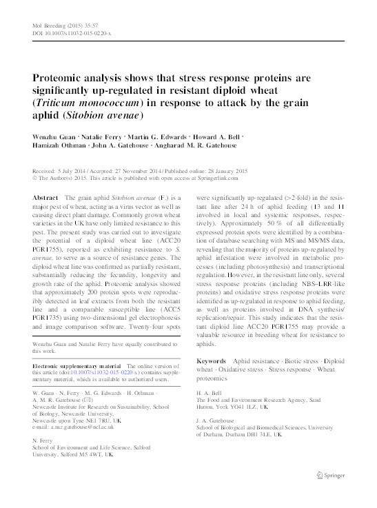 Proteomic analysis shows that stress response proteins are significantly up-regulated in resistant diploid wheat (Triticum monococcum) in response to attack by the grain aphid (Sitobion avenae) Thumbnail