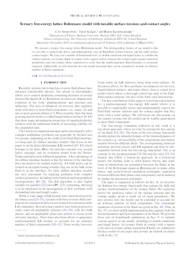 Ternary Free Energy Lattice Boltzmann Model with Tunable Surface Tensions and Contact Angles Thumbnail