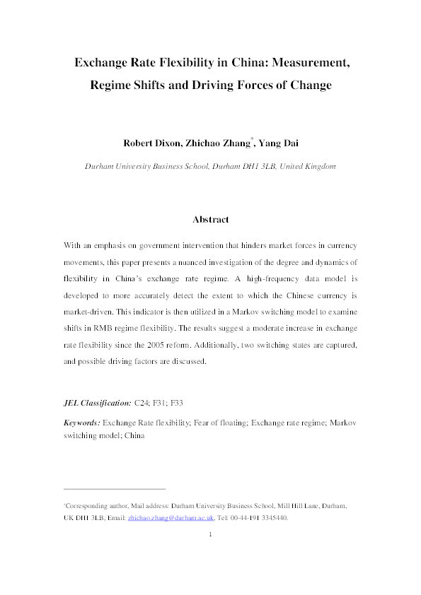 Exchange Rate Flexibility in China: Measurement, Regime Shifts and Driving Forces of Change Thumbnail