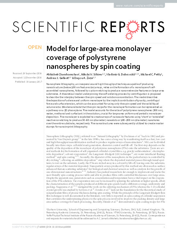 Model for large-area monolayer coverage of polystyrene nanospheres by spin coating Thumbnail