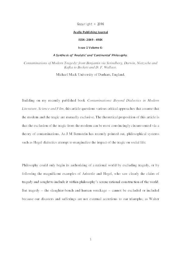 Contaminations of Modern Tragedy from Benjamin via Strindberg, Darwin, Nietzsche and Kafka to Beckett and Wallace Thumbnail