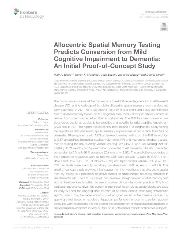 Allocentric Spatial Memory Testing Predicts Conversion from Mild Cognitive Impairment to Dementia: An Initial Proof-of-Concept Study Thumbnail