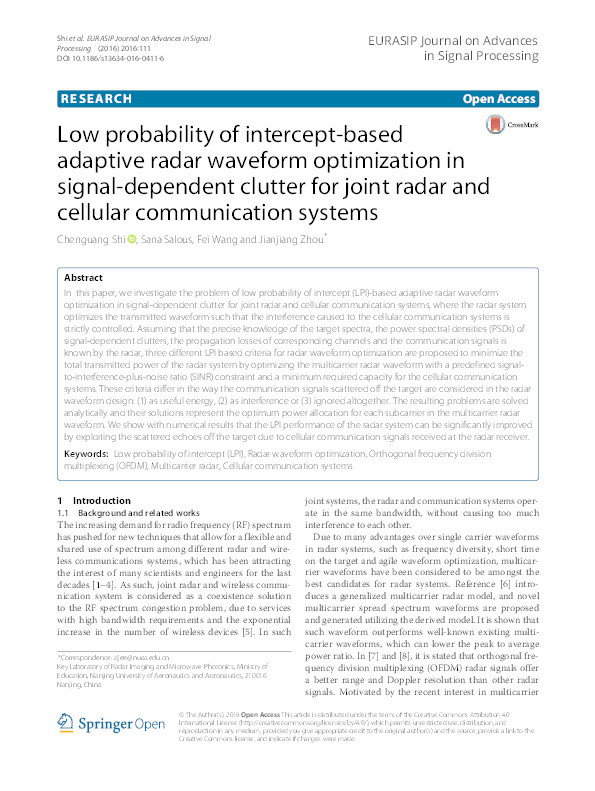 Low probability of intercept-based adaptive radar waveform optimization in signal-dependent clutter for joint radar and cellular communication systems Thumbnail