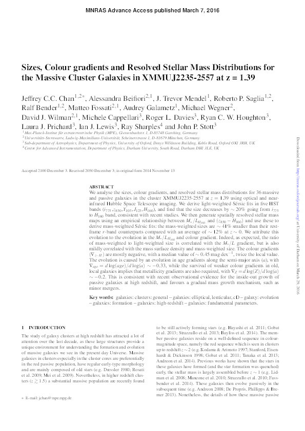 Sizes, Colour gradients and Resolved Stellar Mass Distributions for the Massive Cluster Galaxies in XMMUJ2235-2557 at z = 1.39 Thumbnail