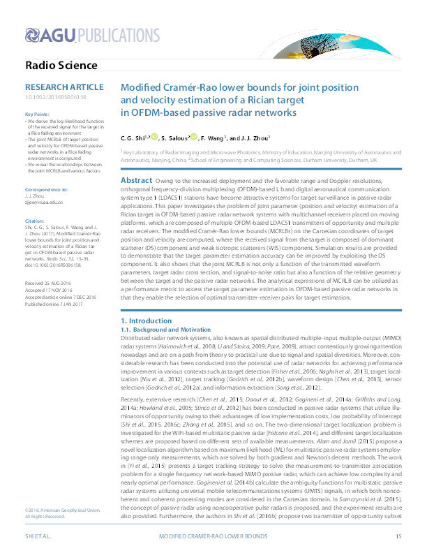 Modified Cramér-Rao lower bounds for joint position and velocity estimation of a Rician target in OFDM-based passive radar networks Thumbnail
