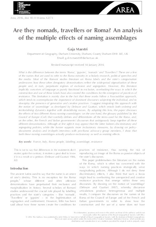 Are they Nomads, Travellers or Roma? An Analysis of the Multiple Effects of Naming Assemblages Thumbnail