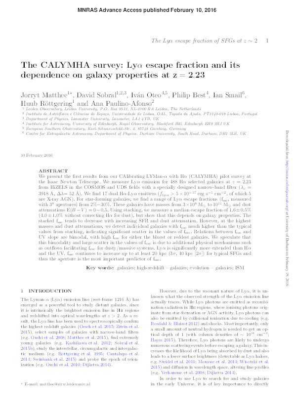 The CALYMHA survey: Lyα escape fraction and its dependence on galaxy properties at z = 2.23 Thumbnail