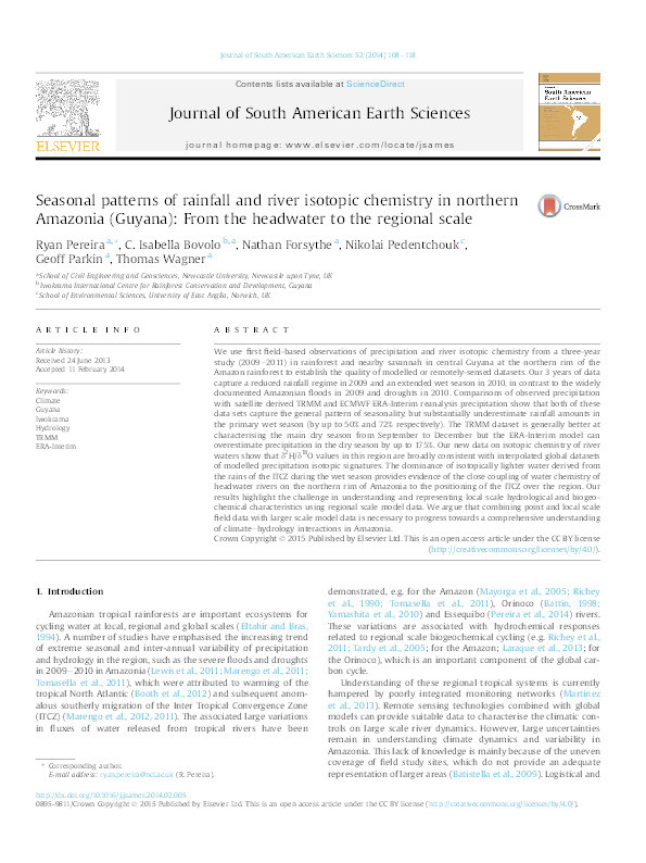 Seasonal patterns of rainfall and river isotopic chemistry in northern Amazonia (Guyana): From the headwater to the regional scale Thumbnail