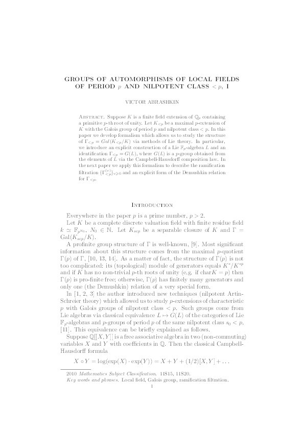 Groups of automorphisms of local fields of period p and nilpotent class < p, I Thumbnail