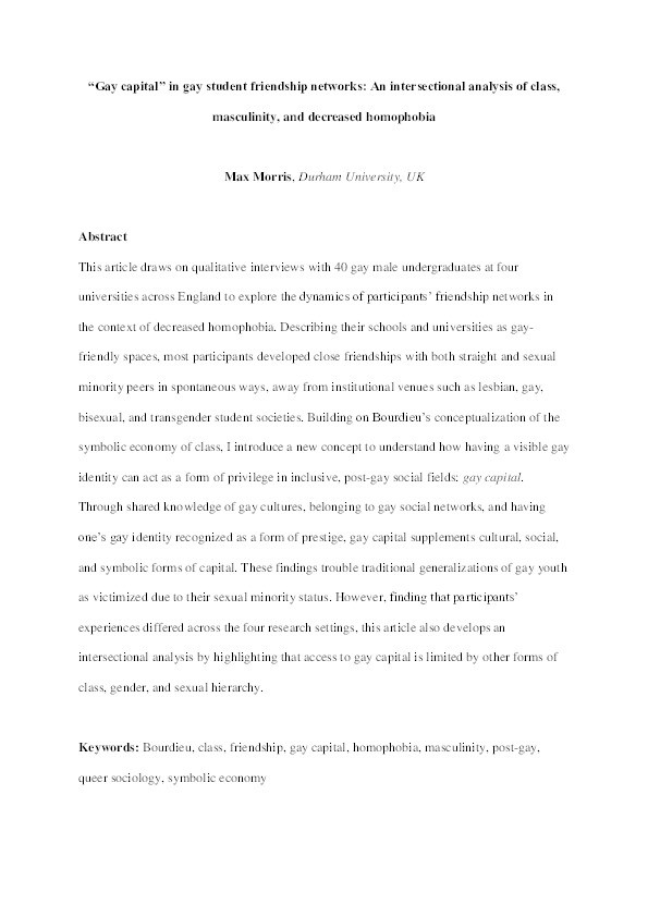 “Gay capital” in gay student friendship networks: An intersectional analysis of class, masculinity, and decreased homophobia Thumbnail