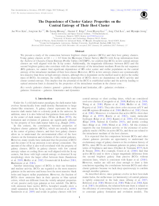 The Dependence of Cluster Galaxy Properties on the Central Entropy of Their Host Cluster Thumbnail