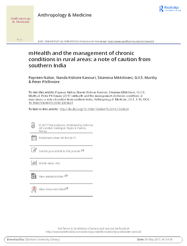 MHealth and the management of chronic conditions in rural areas: A note of caution from Southern India Thumbnail