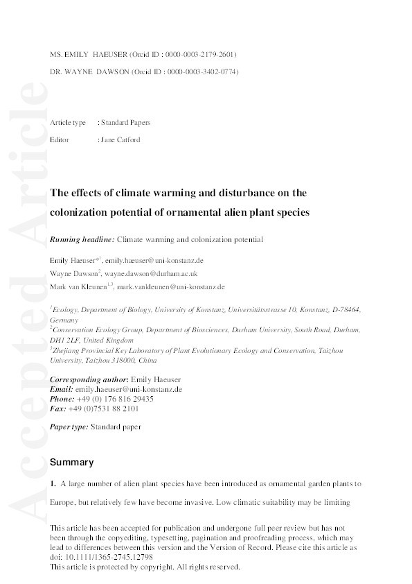 The effects of climate warming and disturbance on the colonization potential of ornamental alien plant species Thumbnail