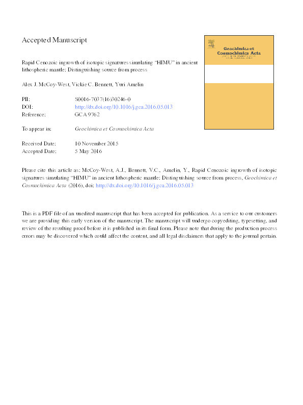 Rapid Cenozoic ingrowth of isotopic signatures simulating “HIMU” in ancient lithospheric mantle: Distinguishing source from process Thumbnail