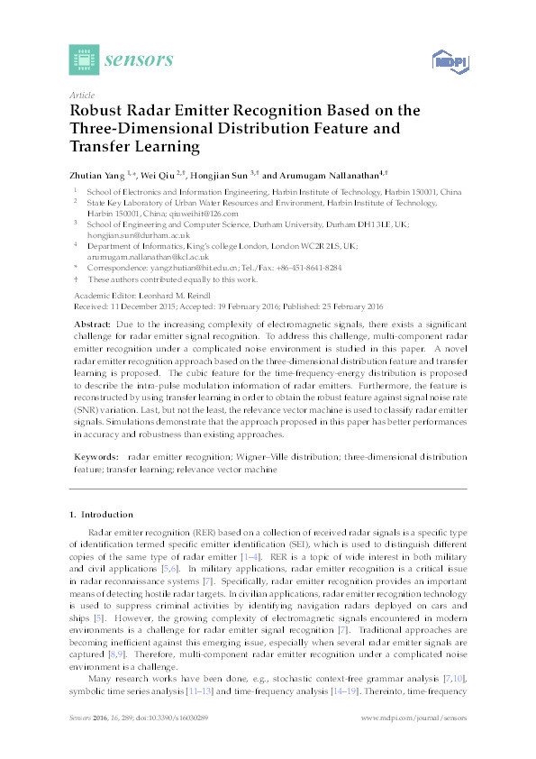 Robust Radar Emitter Recognition Based on the Three-Dimensional Distribution Feature and Transfer Learning Thumbnail