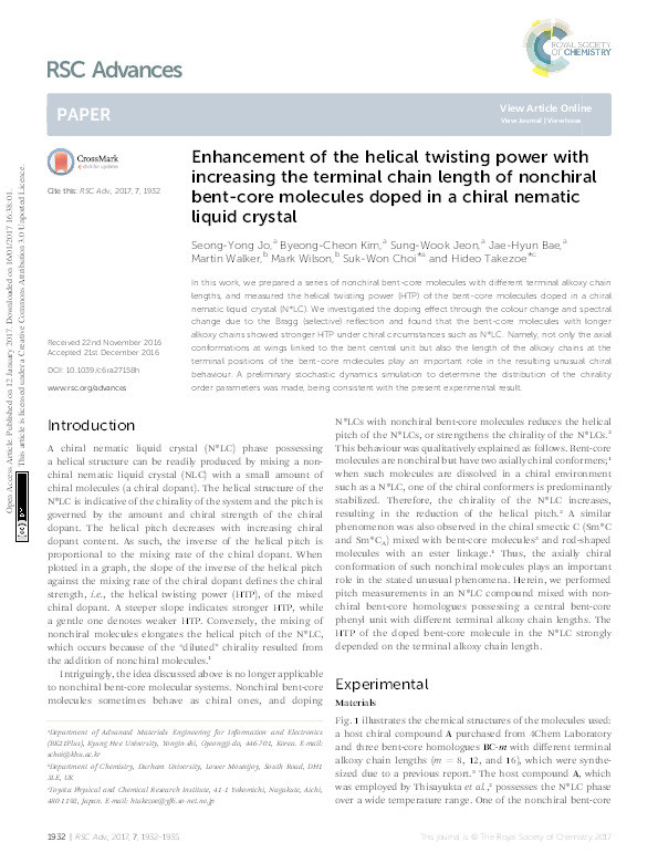 Enhancement of the helical twisting power with increasing the terminal chain length of nonchiral bent-core molecules doped in a chiral nematic liquid crystal Thumbnail