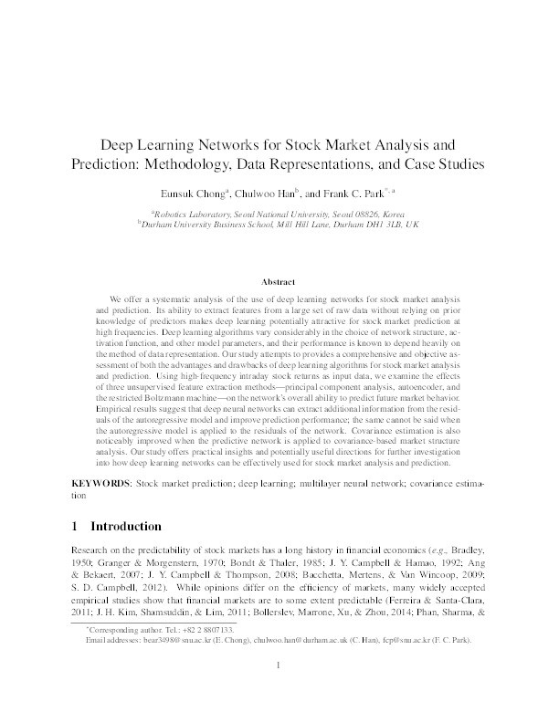 Deep Learning Networks for Stock Market Analysis and Prediction: Methodology, Data Representations, and Case Studies Thumbnail