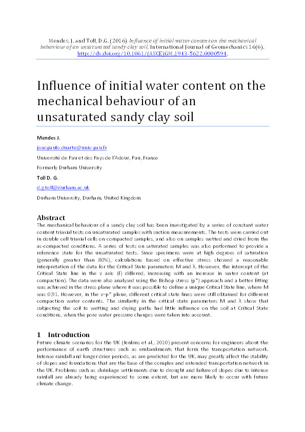 Influence of initial water content on the mechanical behaviour of an unsaturated sandy clay soil Thumbnail
