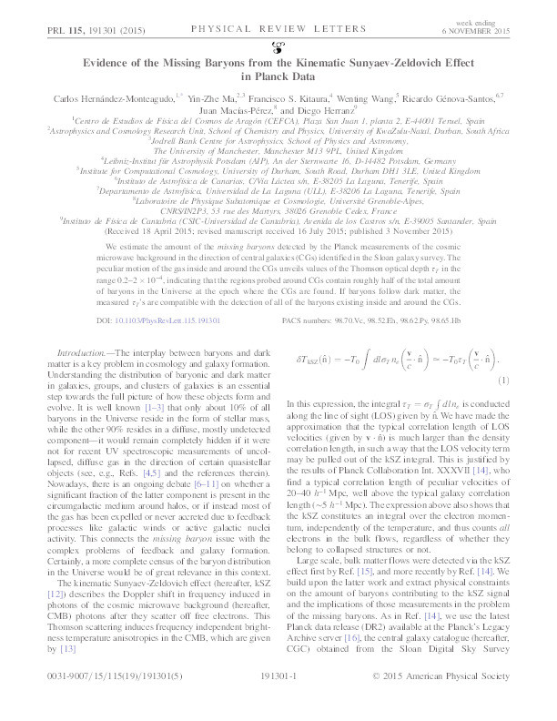 Evidence of the Missing Baryons from the Kinematic Sunyaev-Zeldovich Effect in Planck Data Thumbnail