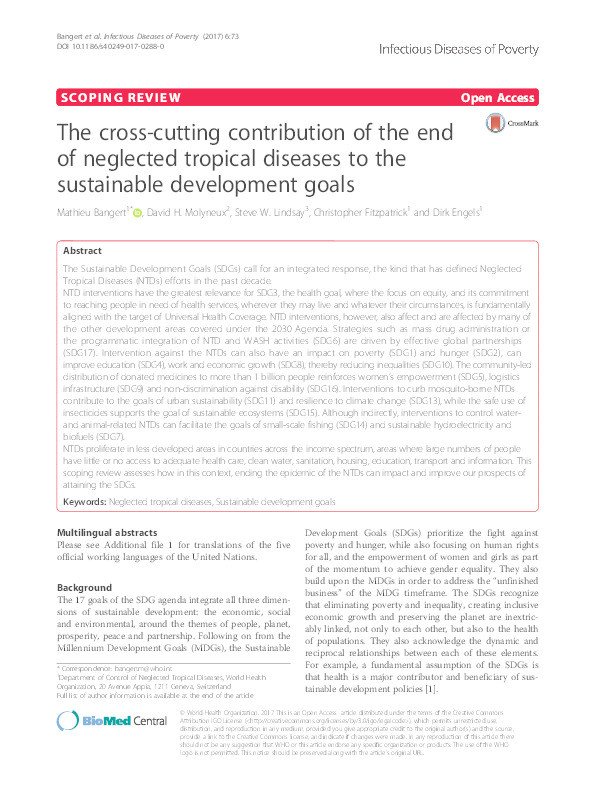 The cross-cutting contribution of the end of neglected tropical diseases to the sustainable development goals Thumbnail