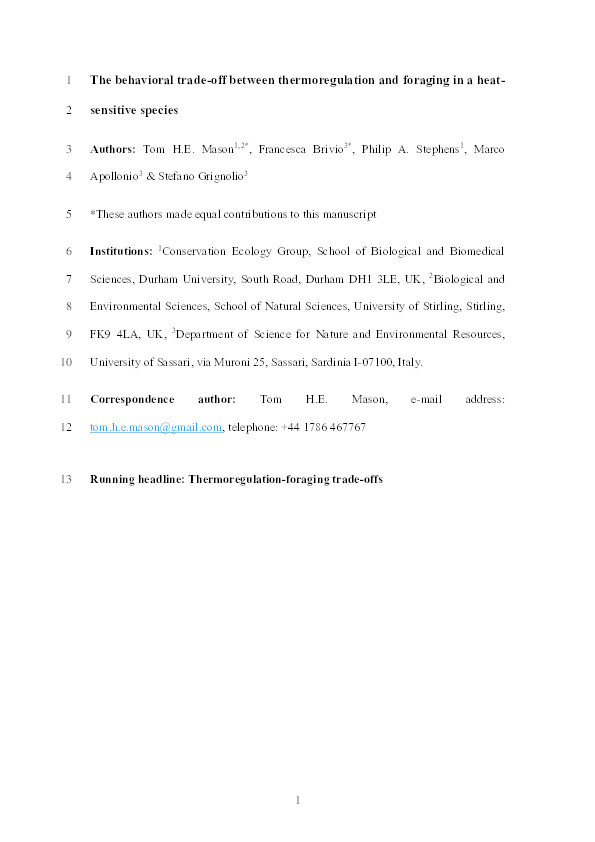 The behavioral trade-off between thermoregulation and foraging in a heat-sensitive species Thumbnail