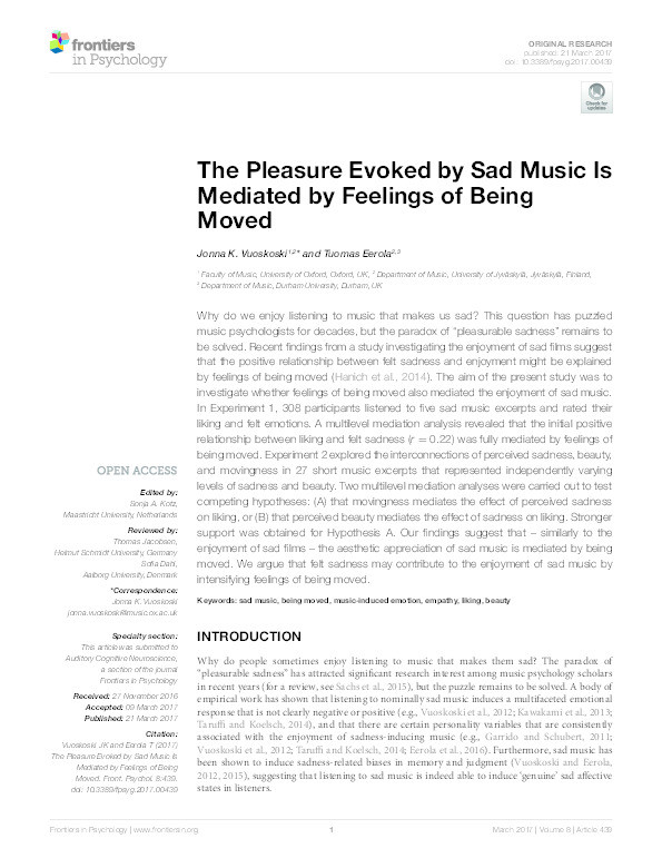 The Pleasure Evoked by Sad Music Is Mediated by Feelings of Being Moved Thumbnail