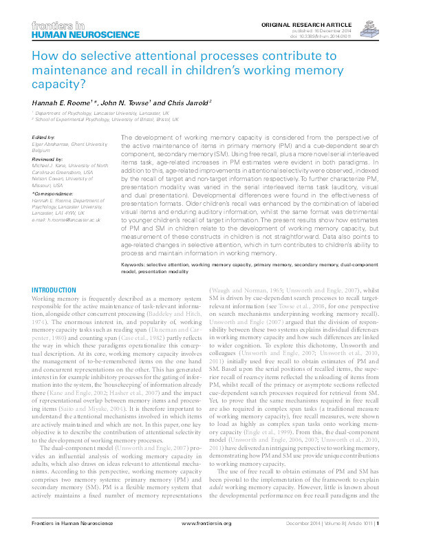 How do selective attentional processes contribute to maintenance and recall in children's working memory capacity? Thumbnail