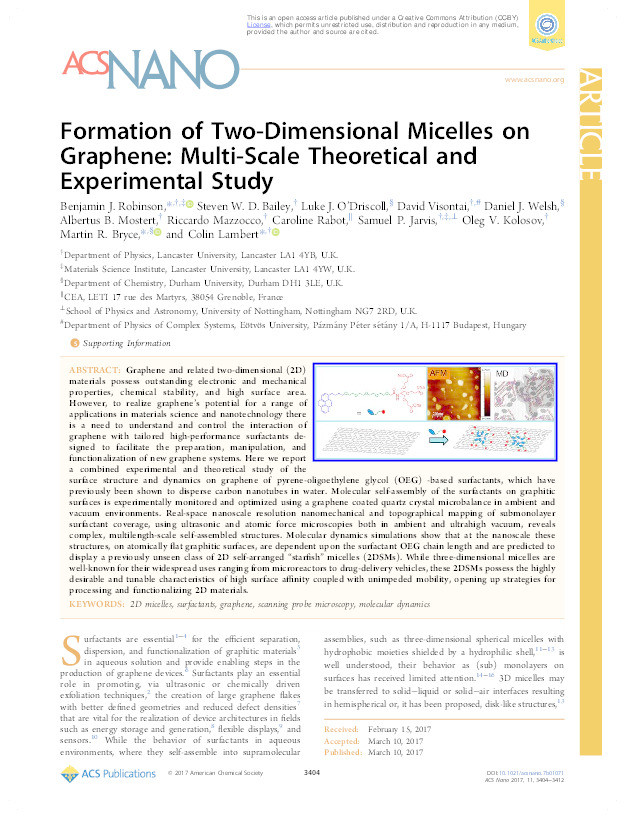 Formation of Two-Dimensional Micelles on Graphene: Multi-Scale Theoretical and Experimental Study Thumbnail