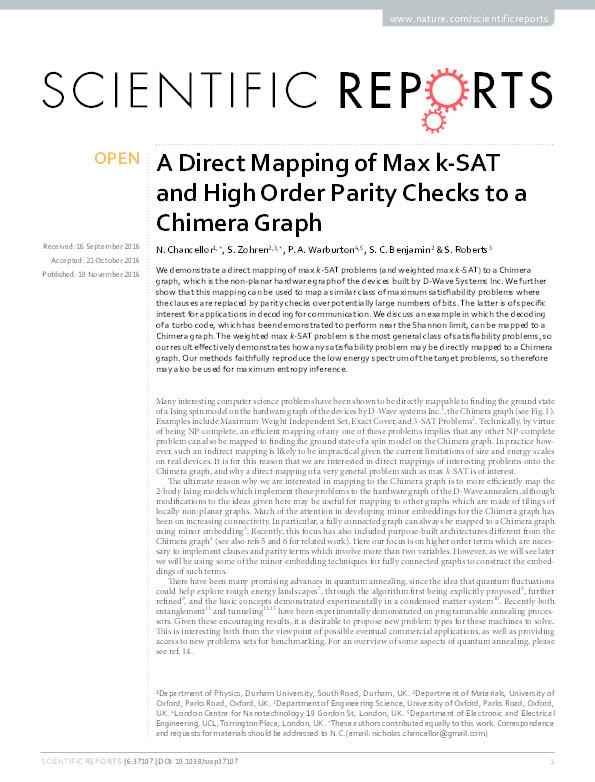 A Direct Mapping of Max k-SAT and High Order Parity Checks to a Chimera Graph Thumbnail