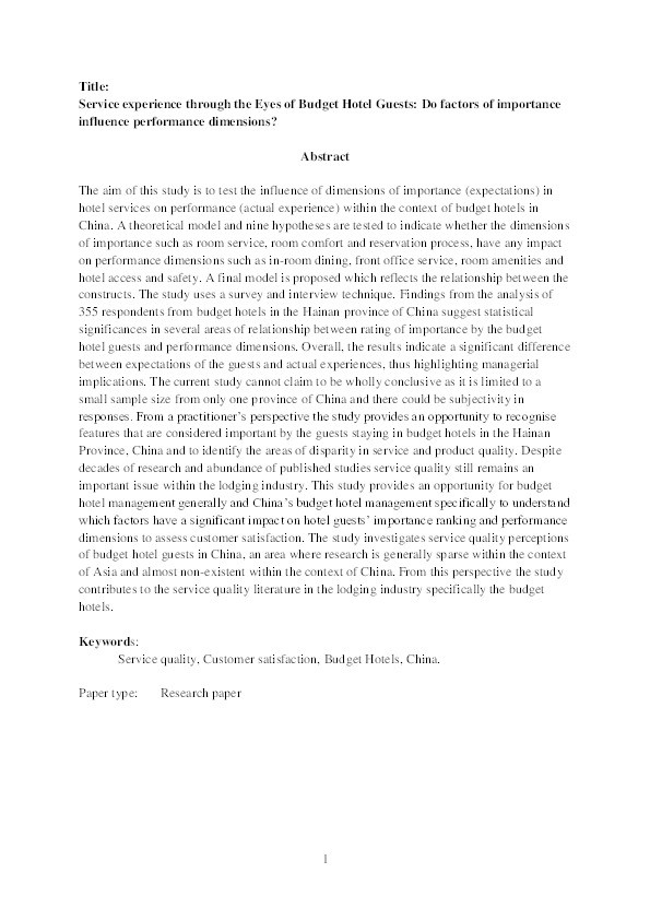 Service experience through the Eyes of Budget Hotel Guests: Do factors of importance influence performance dimensions? Thumbnail