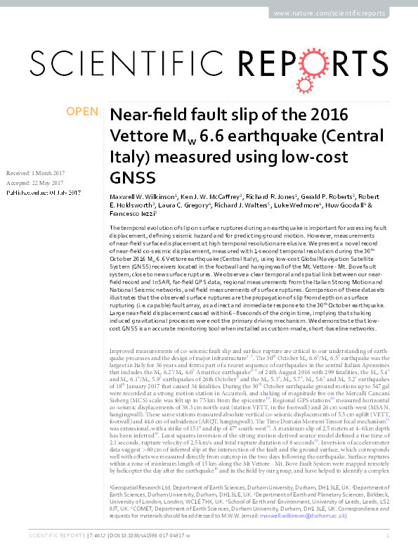 Near-field fault slip of the 2016 Vettore Mw 6.6 earthquake (Central Italy) measured using low-cost GNSS Thumbnail