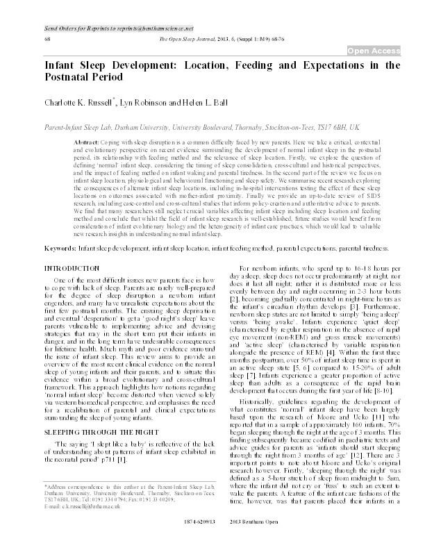 Infant Sleep Development: Location, Feeding and Expectations in the Postnatal Period Thumbnail