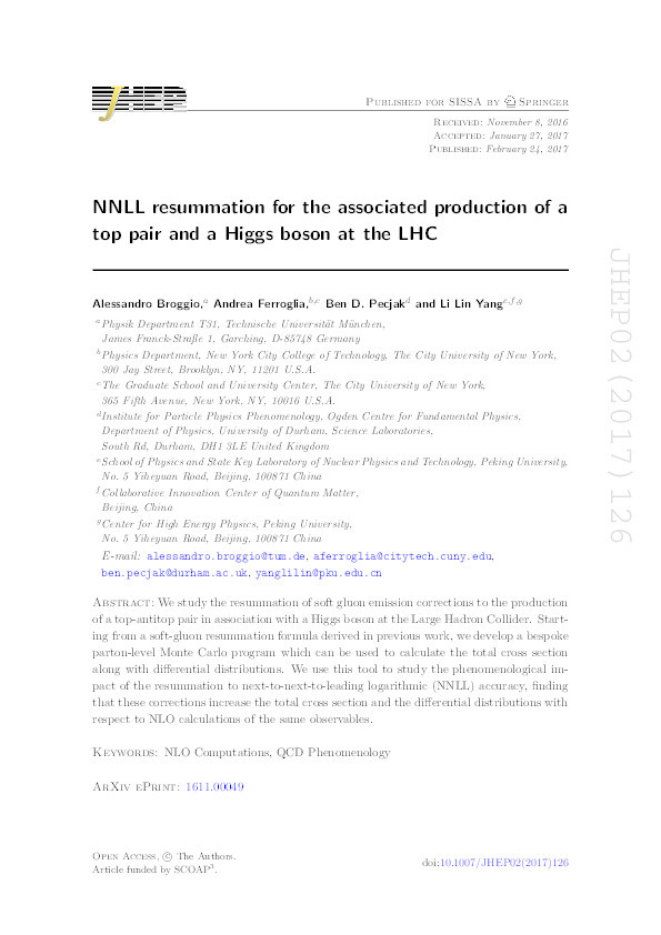 NNLL resummation for the associated production of a top pair and a Higgs boson at the LHC Thumbnail