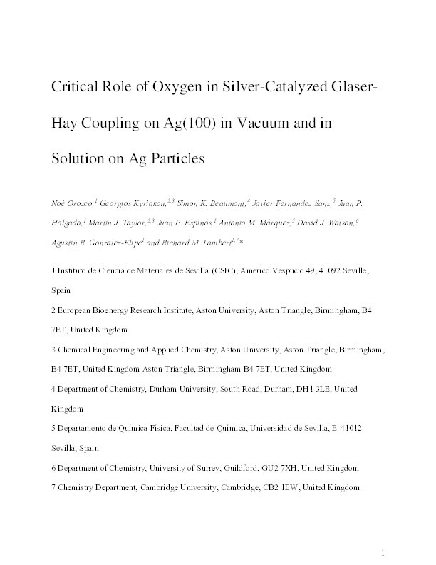 Critical Role of Oxygen in Silver-Catalyzed Glaser-Hay Coupling on Ag(100) in Vacuum and in Solution on Ag Particles Thumbnail