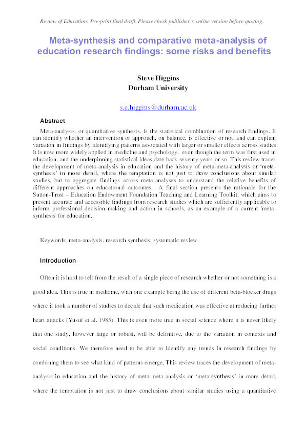 Meta-synthesis and comparative meta-analysis of education research findings: some risks and benefits Thumbnail