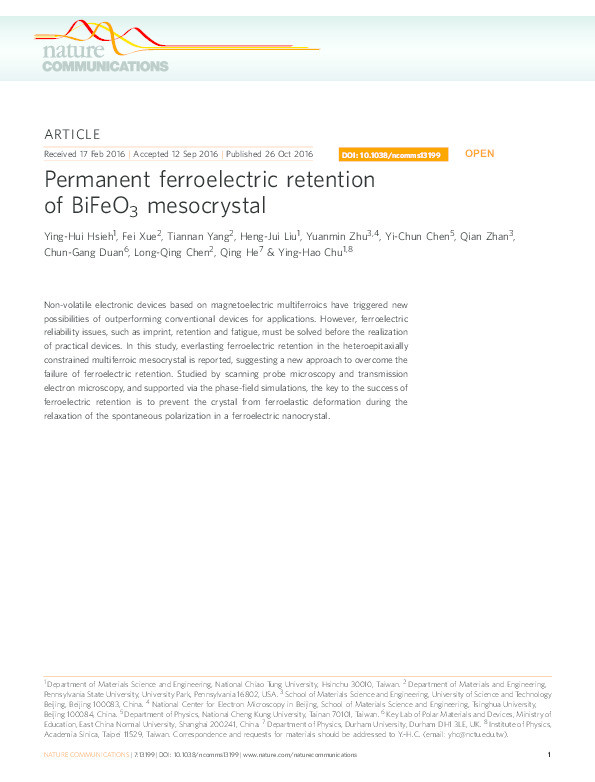 Permanent ferroelectric retention of BiFeO3 mesocrystal Thumbnail