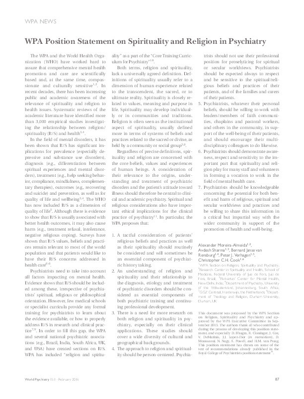 WPA Position Statement on Spirituality and Religion in Psychiatry Thumbnail