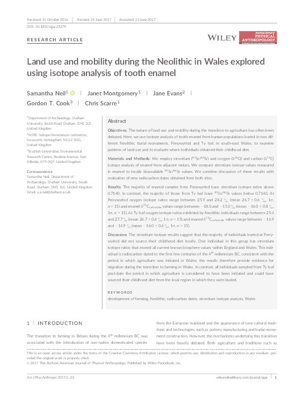 Land use and mobility during the Neolithic in Wales explored using isotope analysis of tooth enamel Thumbnail