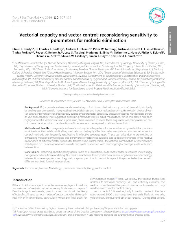Vectorial capacity and vector control: reconsidering sensitivity to parameters for malaria elimination Thumbnail