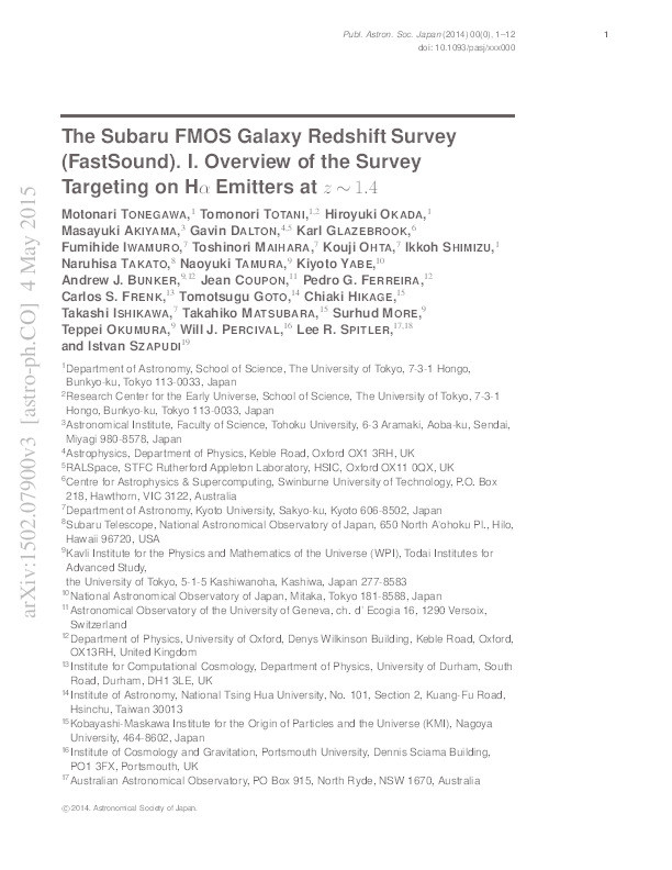 The Subaru FMOS galaxy redshift survey (FastSound). I. Overview of the survey targeting Hα emitters at z ˜ 1.4 Thumbnail