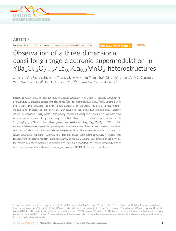 Observation of a three-dimensional quasi-long-range electronic supermodulation in YBa2Cu3O7-x/La0. 7Ca0. 3MnO3 heterostructures Thumbnail