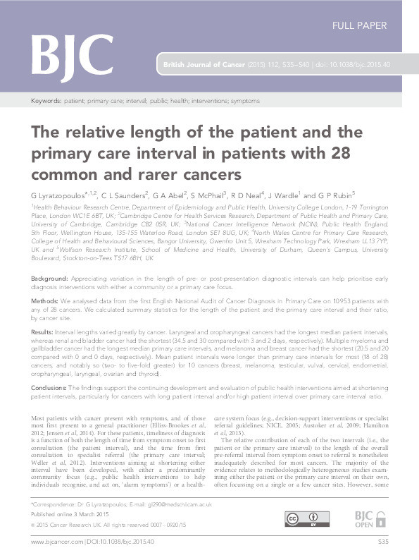 The relative length of the patient and the primary care interval in patients with 28 common and rarer cancers Thumbnail