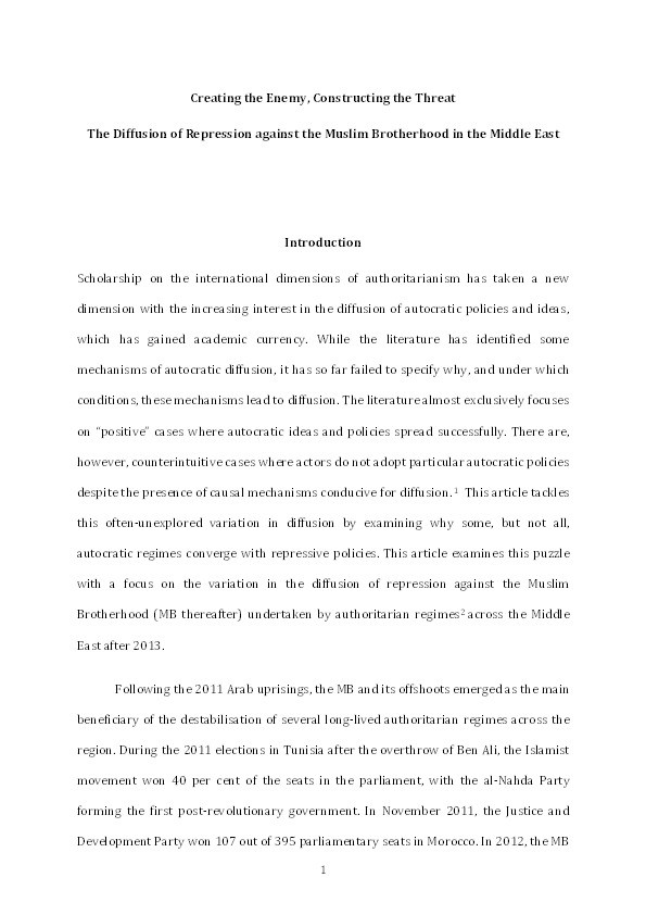 Creating the Enemy, Constructing the Threat: The Diffusion of Repression against the Muslim Brotherhood in the Middle East Thumbnail