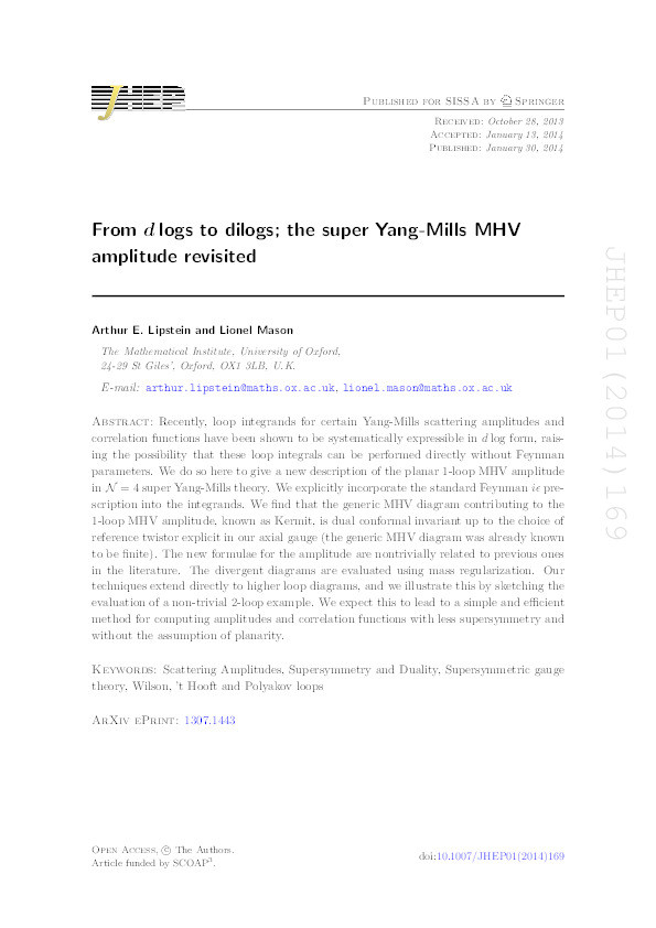 From d logs to dilogs; the super Yang-Mills MHV amplitude revisited Thumbnail