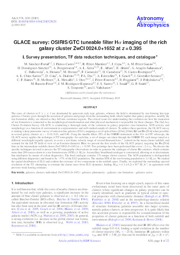 GLACE survey: OSIRIS/GTC tuneable filter Hα imaging of the rich galaxy cluster ZwCl 0024.0+1652 at z = 0.395. I. Survey presentation, TF data reduction techniques, and catalogue Thumbnail