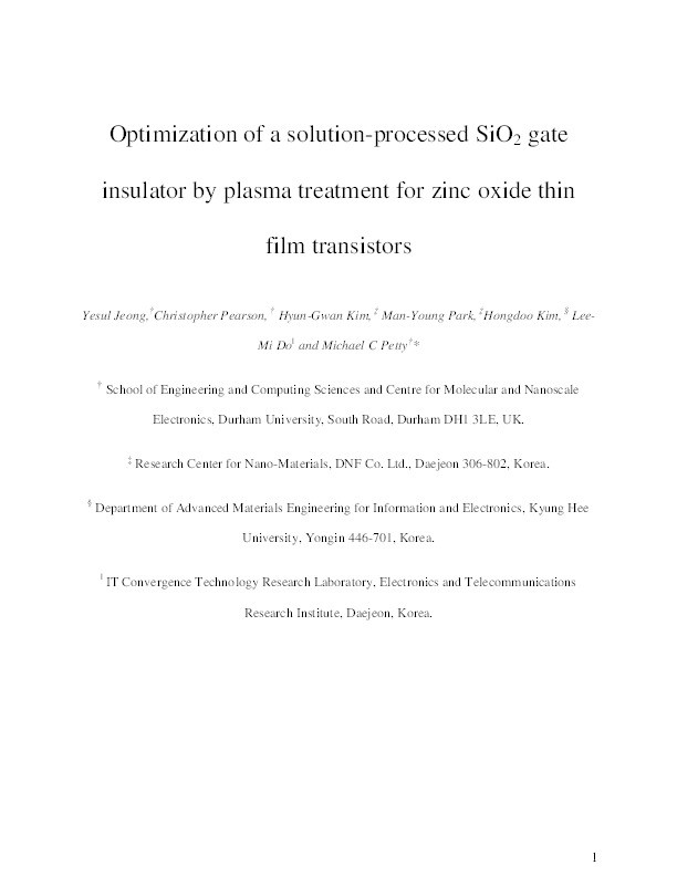 Optimization of a Solution-Processed SiO2 Gate Insulator by Plasma Treatment for Zinc Oxide Thin Film Transistors Thumbnail