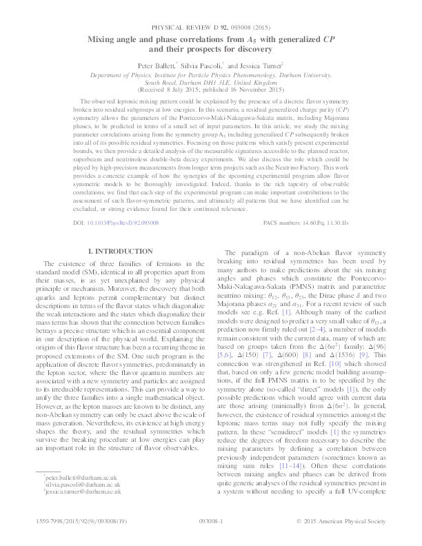 Mixing angle and phase correlations from A5 with generalized CP and their prospects for discovery Thumbnail