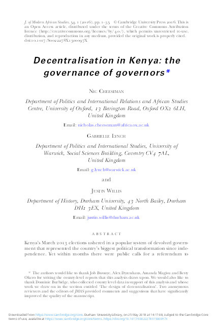 Decentralisation in Kenya: the governance of governors Thumbnail