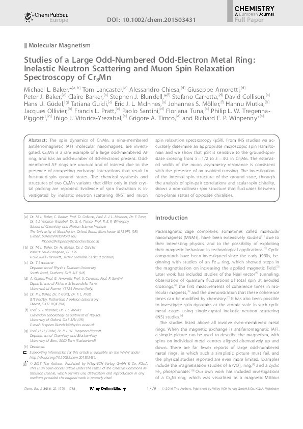 Studies of a Large Odd-Numbered Odd-Electron Metal Ring: Inelastic Neutron Scattering and Muon Spin Relaxation Spectroscopy of Cr8Mn Thumbnail